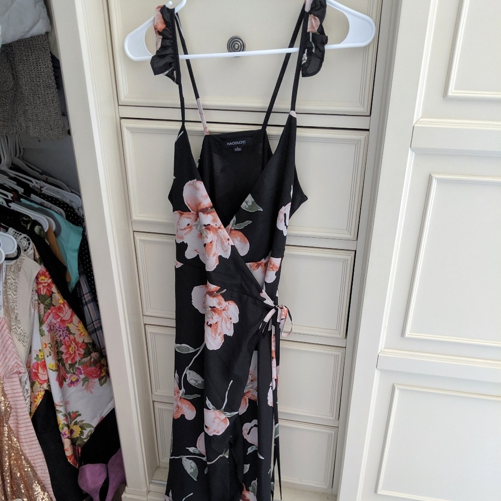 Black floral wrap maxi dress